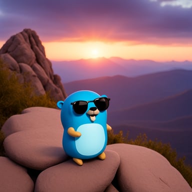 Go Blue Gopher sitting alone on top of the highest mountain, with a sunset.