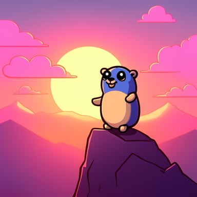 Go Blue Gopher sitting alone on top of the highest mountain, with a sunset.