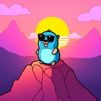 Go Blue Gopher sitting alone on top of the highest mountain, with a sunset.