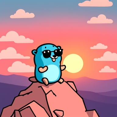 Go Blue Gopher sitting alone on top of the highest mountain, with a sunset.