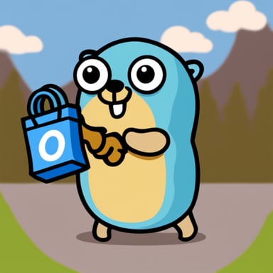 Go blue gopher holding bag.