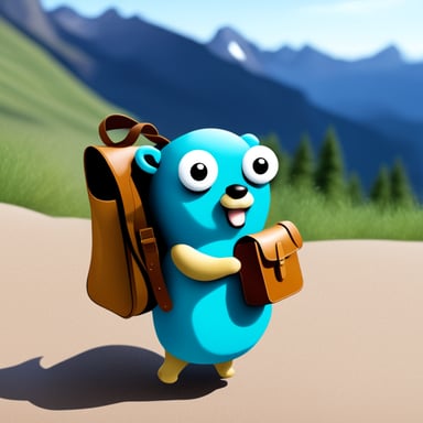 Go Blue Gopher holding a bag like a nomad.