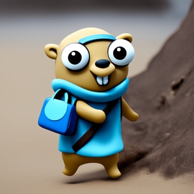 Go Blue Gopher holding a bag like a nomad.