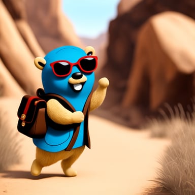 Go Blue Gopher holding a bag like a nomad.