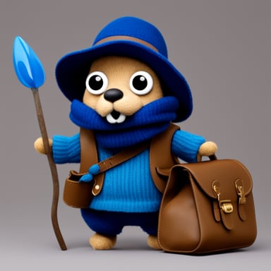 Go Blue Gopher as a blue explorer with a bag.