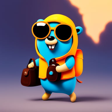 Go Blue Gopher as a blue explorer with a bag.