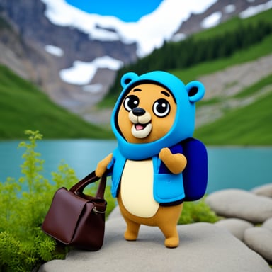 Go Blue Gopher as a blue explorer with a bag.