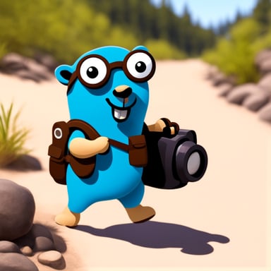 Go Blue Gopher as a blue explorer with a bag.