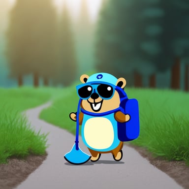 Go Blue Gopher as a blue explorer with a bag.