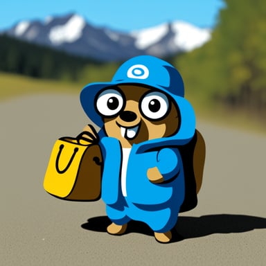 Go Blue Gopher as a blue explorer with a bag.