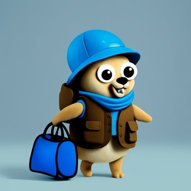 Go Blue Gopher as a blue explorer with a bag.