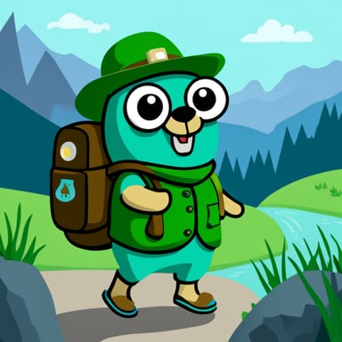 Go Blue Gopher as a green explorer with a bag.