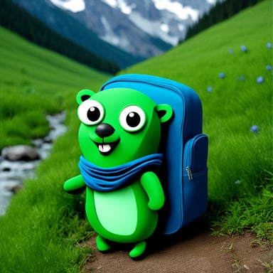 Go Blue Gopher as a green explorer with a bag.