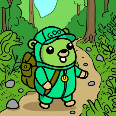 Go Blue Gopher as a green explorer with a bag.