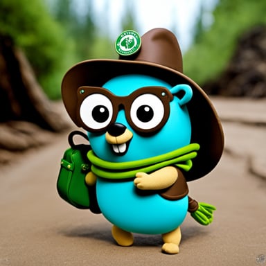 Go Blue Gopher, the explorer, carries a bag adorned with a green logo.