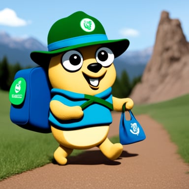 Go Blue Gopher, the explorer, carries a bag adorned with a green logo.