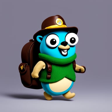 Go Blue Gopher, the explorer, carries a bag adorned with a green logo.