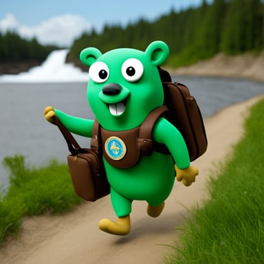 Go Blue Gopher, the explorer, carries a bag adorned with a green logo.