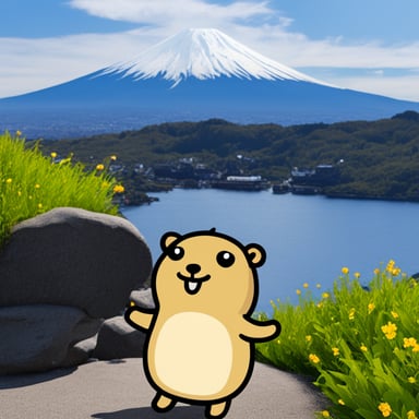 Happy Go Blue Gopher visiting Mount Fuji.