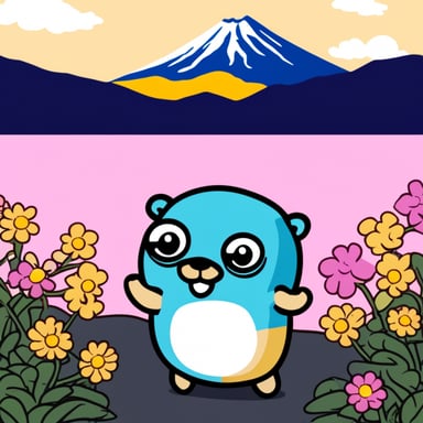 Happy Go Blue Gopher visiting Mount Fuji.