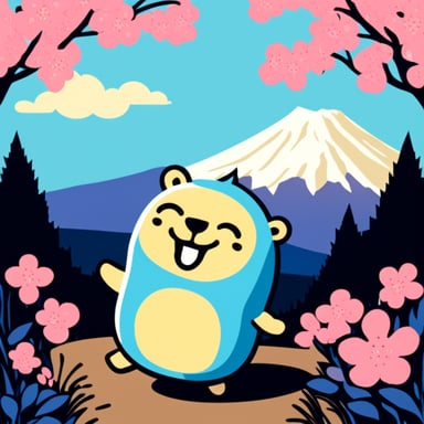 Happy Go Blue Gopher visiting Mount Fuji.