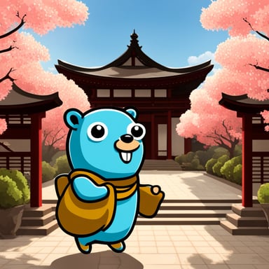 Happy Go Blue Gopher visiting a Japanese temple.