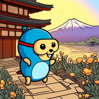 Happy Go Blue Gopher visiting a Japanese temple.