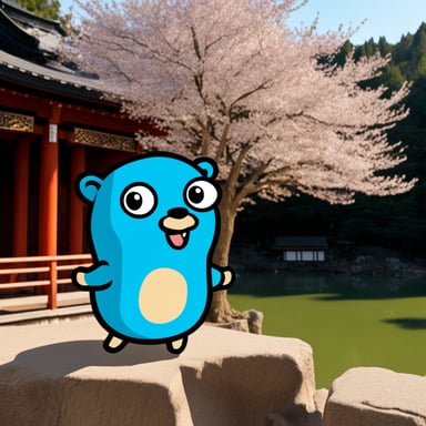 Happy Go Blue Gopher visiting a Japanese temple.