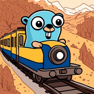 Happy Go Blue Gopher riding a train.