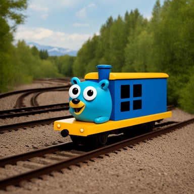 Happy Go Blue Gopher riding a train.