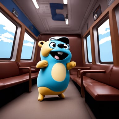 Happy Go Blue Gopher riding a train.