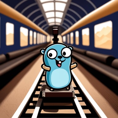 Happy Go Blue Gopher riding a train.
