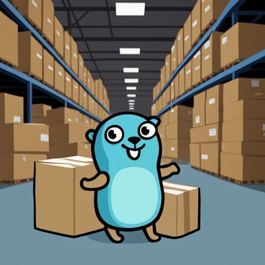 Go Blue Gopher in a warehouse full of boxes.