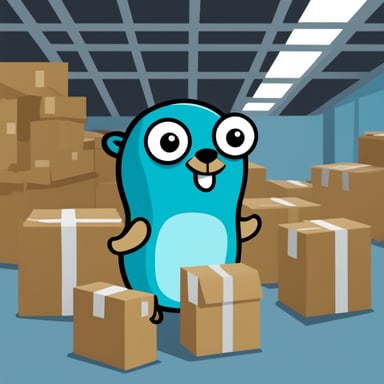 Go Blue Gopher in a warehouse full of boxes.