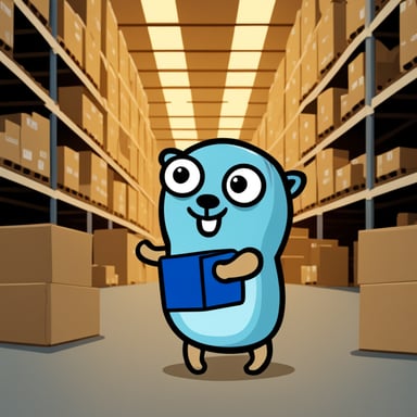 Go Blue Gopher in a warehouse full of boxes.