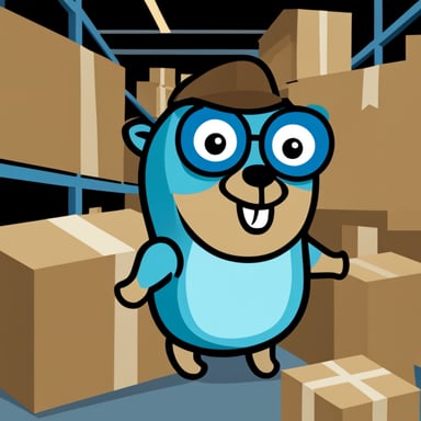 Go Blue Gopher in a warehouse full of boxes.