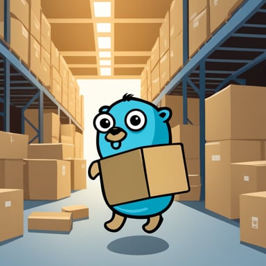 Go Blue Gopher explores a warehouse full of boxes.