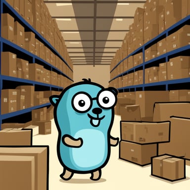 Go Blue Gopher explores a warehouse full of boxes.
