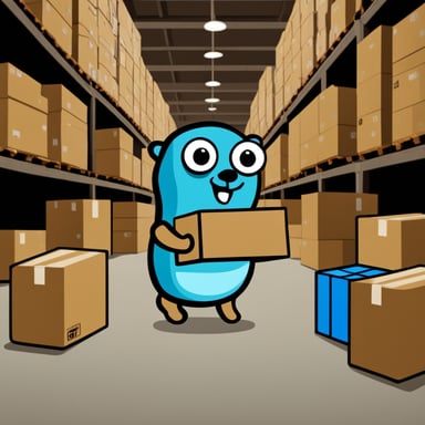 Go Blue Gopher explores a warehouse full of boxes.