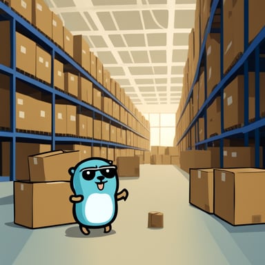 Go Blue Gopher explores a warehouse full of boxes.