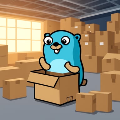 Go Blue Gopher in a warehouse full of boxes.