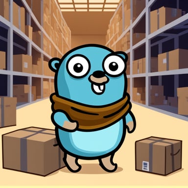 Go Blue Gopher in a warehouse full of boxes.