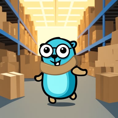 Go Blue Gopher in a warehouse full of boxes.