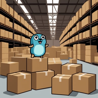 Go Blue Gopher in a warehouse full of boxes.