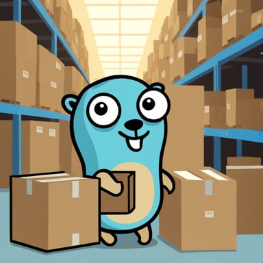Go Blue Gopher explores a warehouse full of boxes.