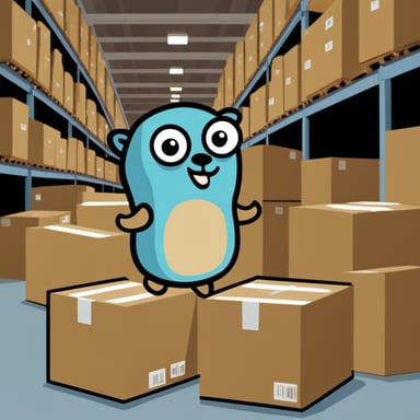 Go Blue Gopher explores a warehouse full of boxes.