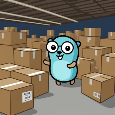 Go Blue Gopher explores a warehouse full of boxes.
