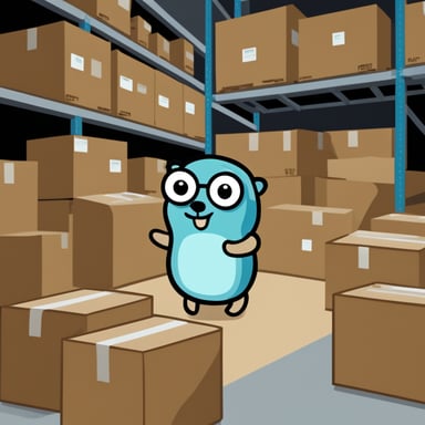 Go Blue Gopher explores a warehouse full of boxes.