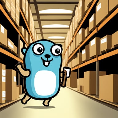 Go Blue Gopher in a warehouse holding a box.