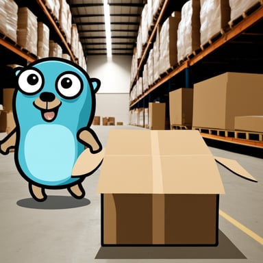 Go Blue Gopher in a warehouse holding a box.